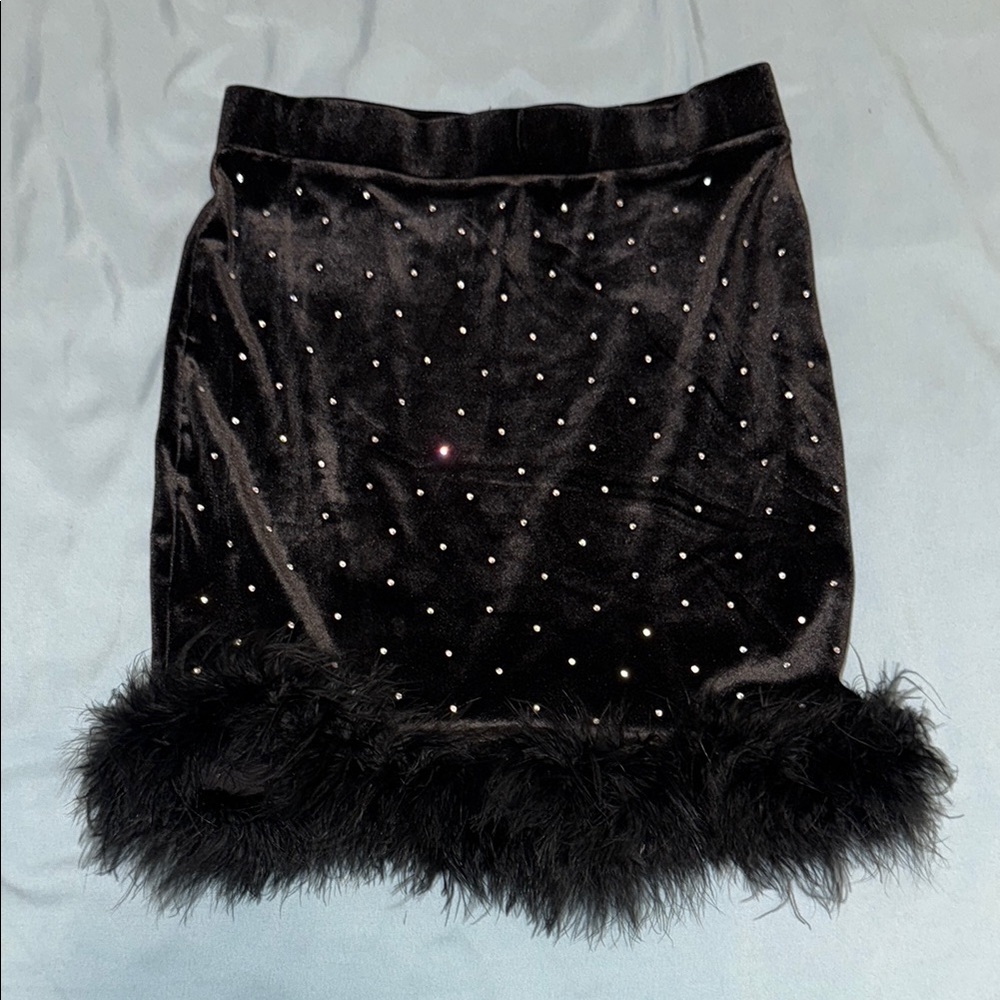 Black Skirt with Feather Trim